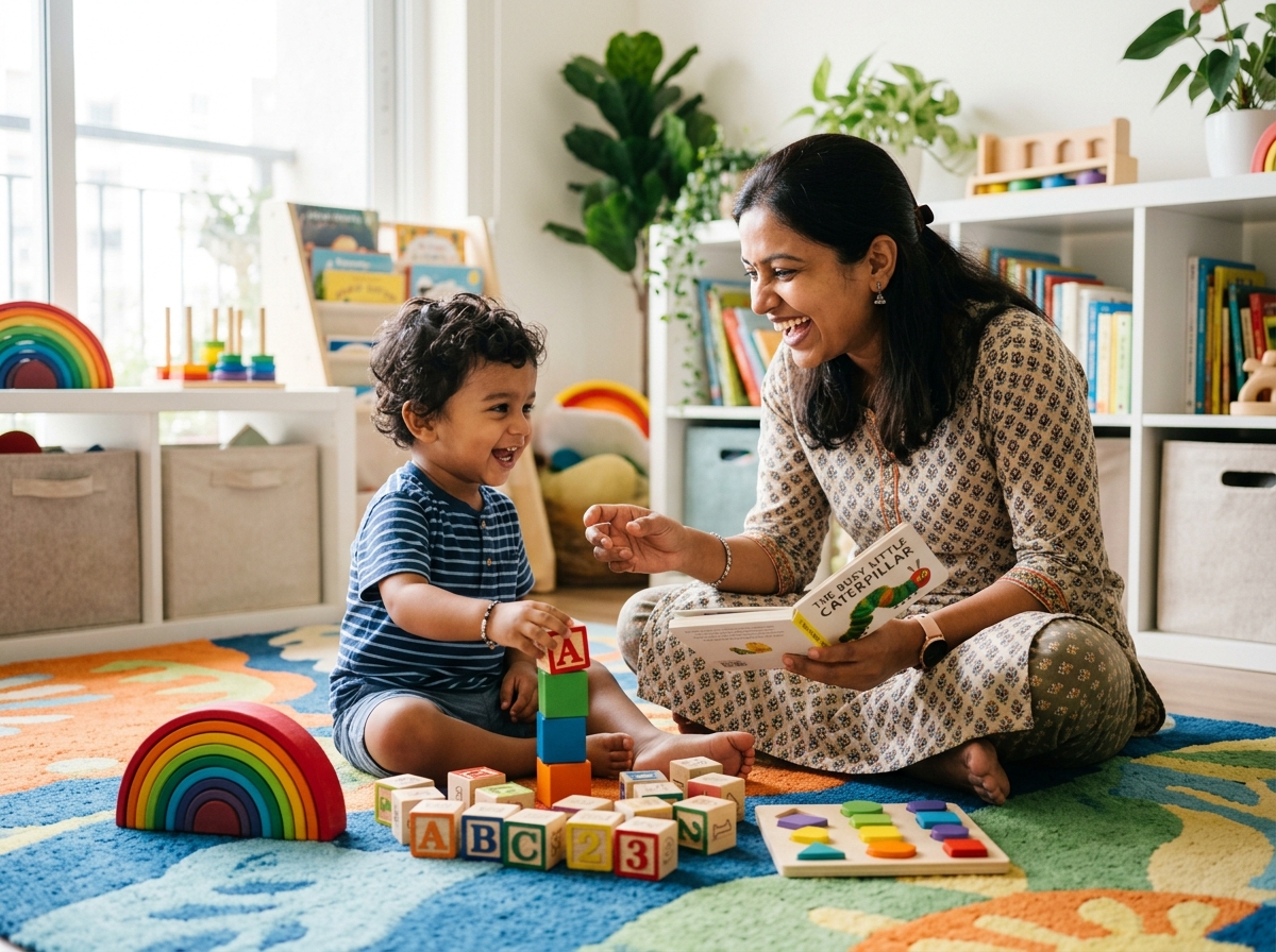 Carelio Nanny playing sensory educational games with toddler